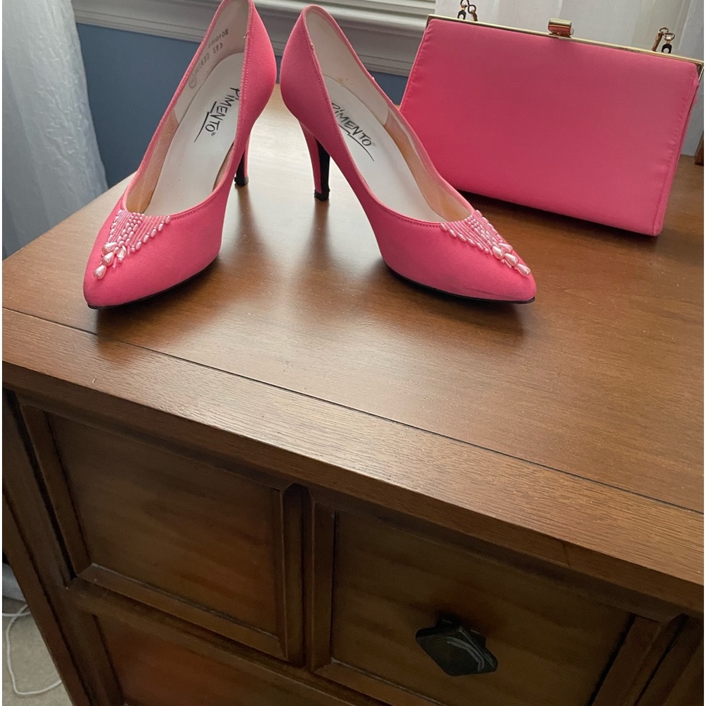 Vintage beaded crepe 3 inch heels and matching bag.